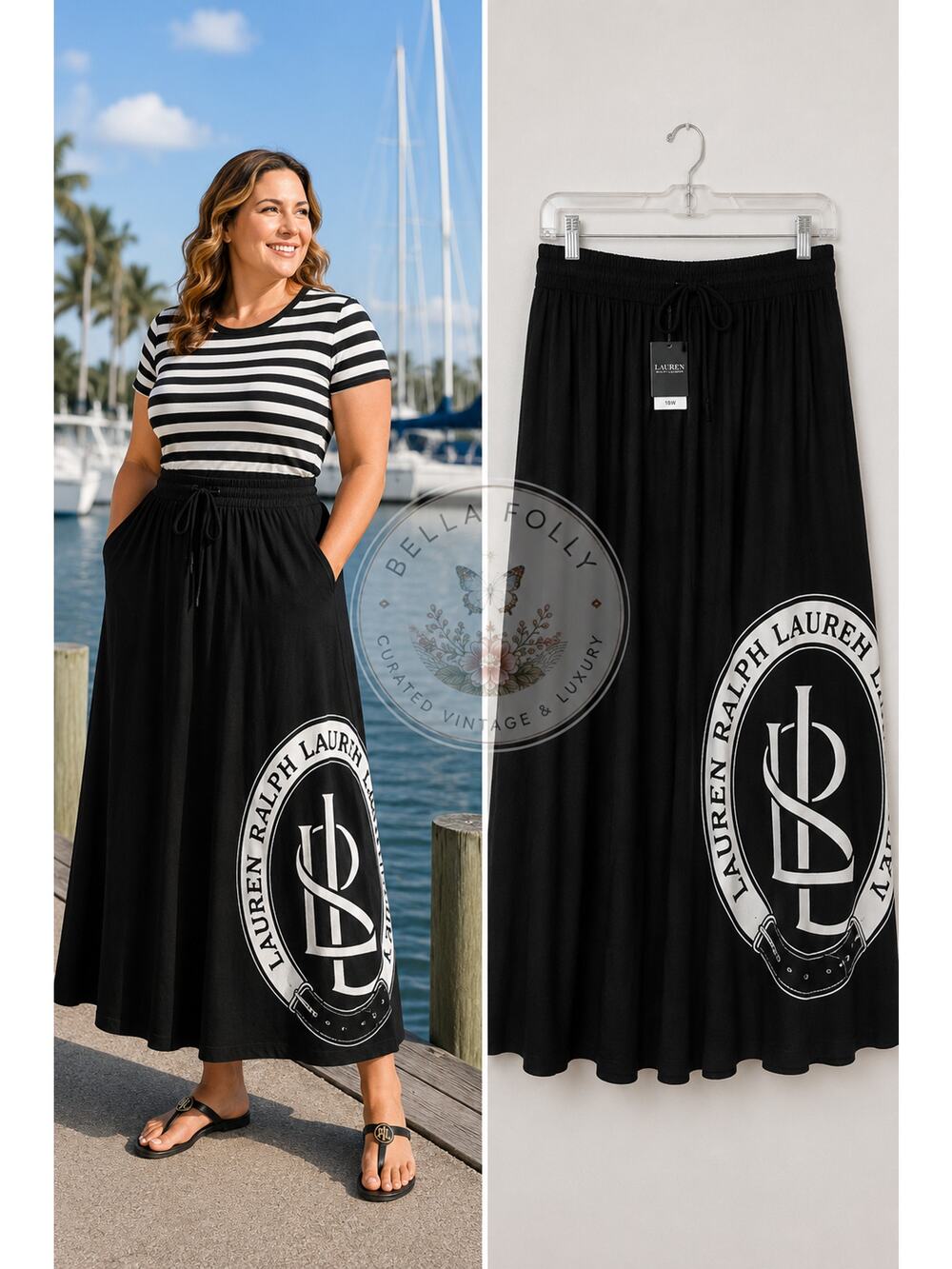 Lauren Ralph Lauren Black Logo Midi Skirt NWT 18W Heritage Crest Drawstring 18